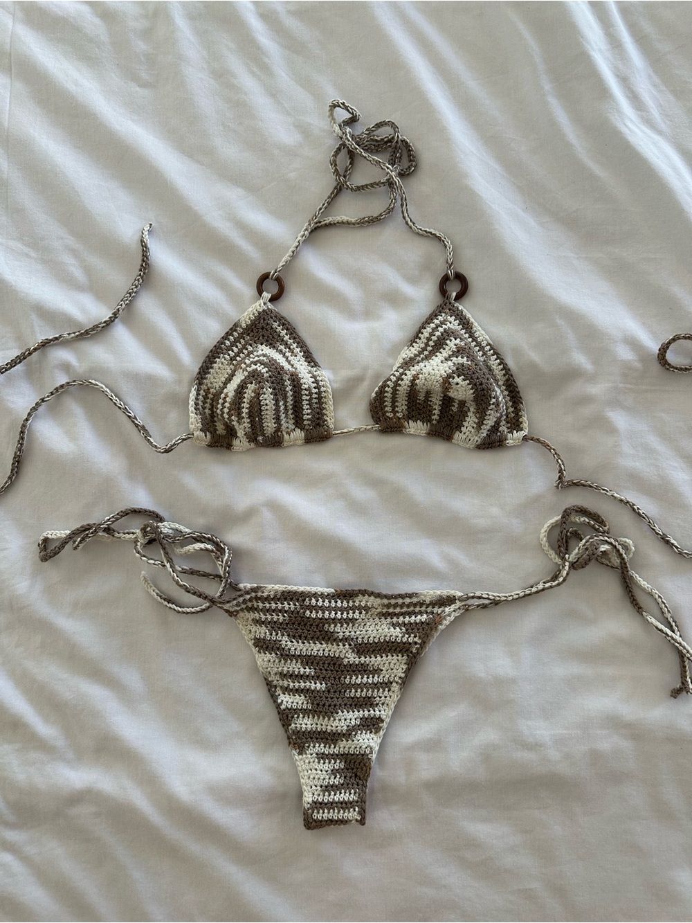 Brown / Cream Crochet Triangle String Bikini Set